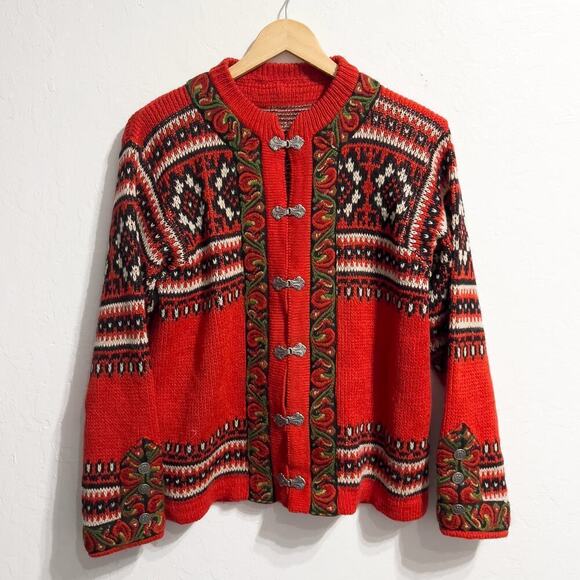 Vintage Sweater Nordic Fair Isle Wool Scandinavian Metal Button Clasp Red Norway - Picture 1 of 6